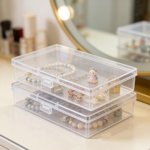 Image of 12 Pack Rectangular Clear Plastic Storage Containers | 5.7 x 2.95 x 1.18 inch, Hinged Lid, For Beads and Small Craft Items