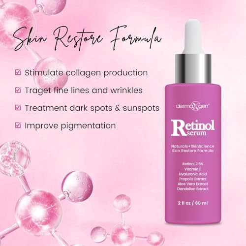 DERMAXGEN 2.5% Retinol Serum for Face - Anti Aging Treatment with Hyaluronic Acid & Vitamin E - Nighttime Retinol Serum for Face - Hydrating Formula for Fine Lines & Wrinkles - 2 Fl oz