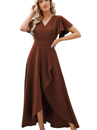 Formal Dresses for Women,Gowns Evening Party Cocktail Dress,Long Split Elegant V Neck Wrap Ruffle Wedding Guest A-line Dresses Deep Coffee Brown-3XL