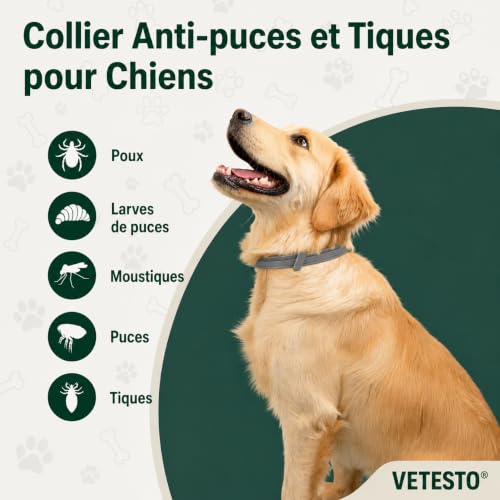 Vetesto Collier Anti-Puces Anti-Tiques pour Grands Chiens +8 kg – 70 cm – Protection Longue Durée jusqu'à 8 Mois – Efficace Contre Les Puces et Les Tiques pour Garder Votre Chien protégé au Quotidien – vue 9