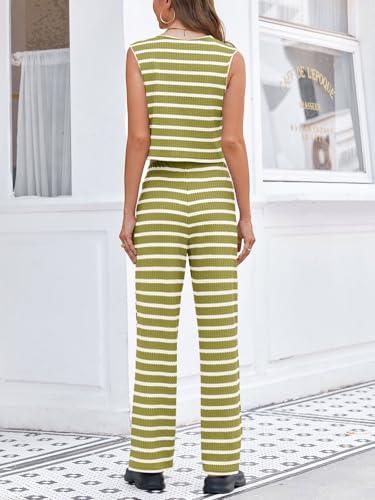 Tankaneo Womens Crochet Sets 2 Piece Outfits Tie Front Sleeveless Vest Tops Wide Leg Pants Striped Knit Y2K Matching Sets4