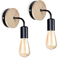 GOCBOBO 2 Piezas Lámpara de Pared Interior Vintage E27 Apliques de Pared Industrial de Metal Luz de Pared de Madera para la Iluminación del Pasillo el Salón y el Dormitorio Negro (Sin Bulbo)