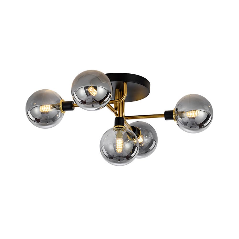 SYAXVOM Mid Century Modern Glass Globe Ceiling Light, Black and d Semi Flush Mount Lamp, 5-Light Sputnik Chandelier Lighting Fixtures for Dining Room Living Kitchen Bedroom