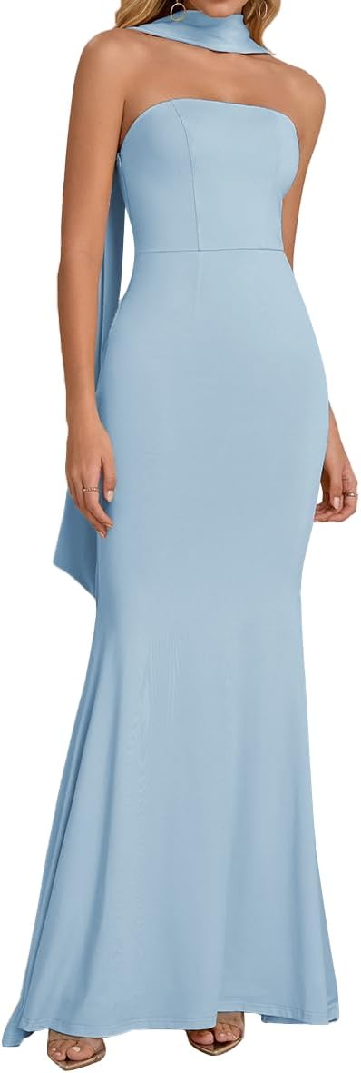 Auraxe 2026 Women's Bodycon Formal Maxi Dresses Elegant Tube Summer Wedding Guest Cocktail Party Dress with Scarf