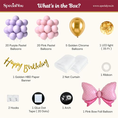 Image of SpecialYou Bow Theme Happy Birthday Decoration Kit for Girls- 55Pcs with Pink & Purple Balloons for Birthday Decor Items, Foil Balloon Decoration Kit, Birthday Backdrop for Decorations