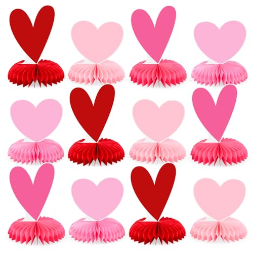 FYSUIMU Valentine's Day Honeycomb Centerpieces Table Toppers Red Pink Heart Table Party Decorations for Wedding Anniversary Mother's Day Birthday Party Supplies, 12 Pcs