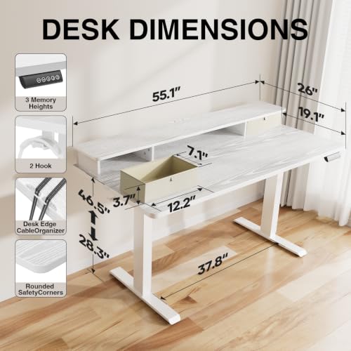 Image of Veken 55x26 in Electric Standing Desk with Drawers, Adjustable Table, White | Stand up Computer Desk for Home Office, Work & Study, with Storage, 3 Memory Presets, Cable Organizer, Hook, and Quiet Lift.