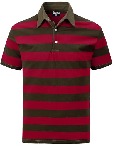 Funny World Red and Green Striped Shirt Cotton Short Sleeve Mens Halloween Polo Casual Golf Shirts, Red and Green, X-Large