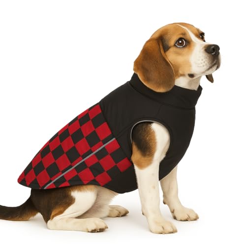 Image of The Pets Company Dog Winter Coat Jacket, Clothes, Windproof, Waterproof, Light Weight, Washable, Ultra Warm Thick Fleece Lined Dog Vest for Cold Weather Protection, (Red Check, Medium - 20 Inch)