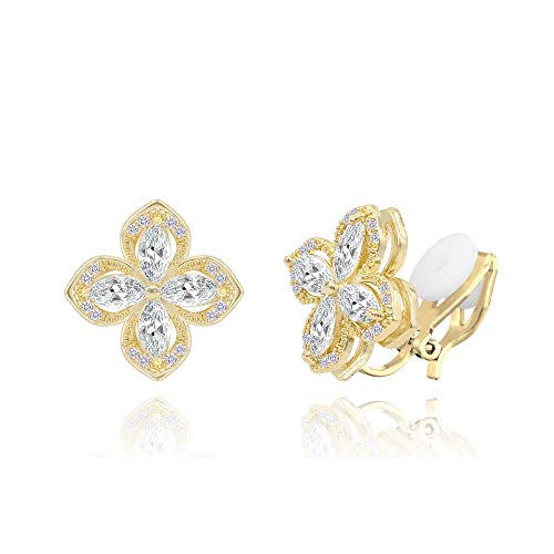 YOQUCOL Cubic Zirconia Crystal Rotatable Flower Shaped Golden Clip On Earrings Non Pierced Golden Stud for Women