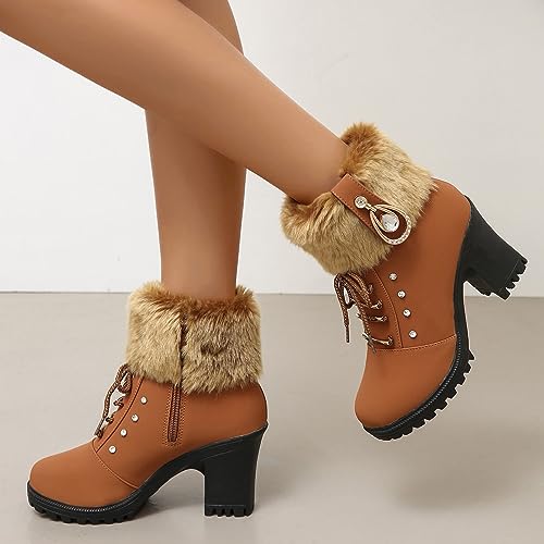 Women's Lace Up Winter Snow Boots Cold Weather Outdoor Rhinestone Warm Boot,Lace Up Round Head Plush Lined Chunky Heel Thermal Snow Boots3