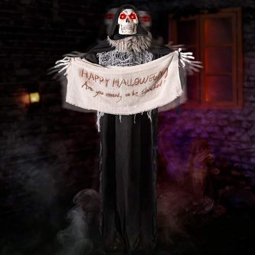 41iuSGhYE-L._AC_ Halloween Animatronics Grim Reaper Hanging 60 Inch Animated Skeleton Decorations with Sound Activated Scary Voice Scary Skull Head Luminous Eyes Scary Movement