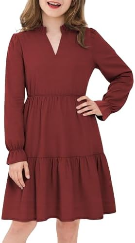JiAmy Girls Dresses Long Sleeve V Neck Fall Ruffle Tiered Flowy Swing Casual Fashion Dress with Pockets