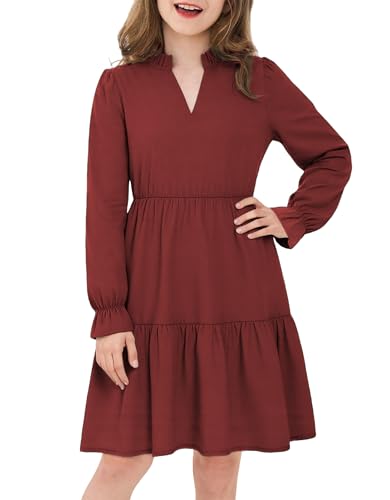 JiAmy Girls Dresses Long Sleeve V Neck Fall Ruffle Tiered Flowy Swing Casual Fashion Dress with Pockets Wine Red 7-8 Years