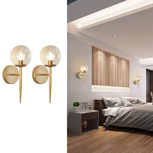 Image of BOKT Vintage Brushed Gold Bathroom Wall Sconce Set of Two Mid Century Modern Globe Vanity Wall Sconce Lighting Set of 2 Bedroom Bar Wall Lamp Amber Glass Wall Lights (Amber)