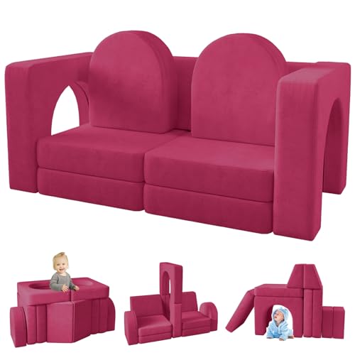 Image of wanan Kids Couch 10PCS, Modular Kids Play Couch for Playroom Bedroom, 10 in 1 Multifunctional Kids Sofa for Playing, Creativing, Sleeping, Indoor Toddler Couch for Boys and Girls(Rose Red)