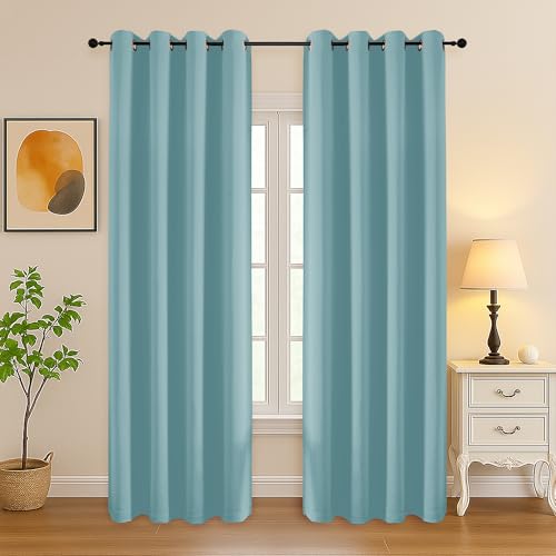 Image of Simplebrand Aqua Room Darkening Curtains for Bedroom Living Room 84 Inch Length 2 Panels Set, Thermal Insulated Curtains & Drapes, Solid Grommet Noise Reducing Window Treatment, W50 x L84 Inch