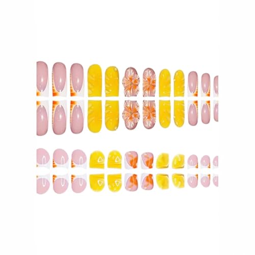 Image of 48 Pcs Flower Press on Nails & Press on Toenails Set French Tip Nail Yellow Square Fake Nails with 3D Floral Design Glossy Glue on Toes Artificial Acrylic Full Cover Stick on Nails for Women Manicure