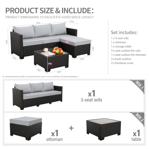Rattaner 3 Pieces Patio Furniture Set Outdoor Sectional Wicker Patio Furniture Patio Couch with Ottoman and Outdoor Table All-Weather Anti-Slip Cushions Waterproof Covers, Light Grey - Image 4