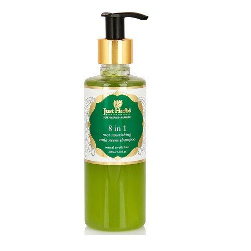 Image of Just Herbs Silky Strength Aloevera Wheatgerm Moisturising Shampoo, 200ml and 8 in 1 Root Nourishing Amla Neem Shampoo, 200ml