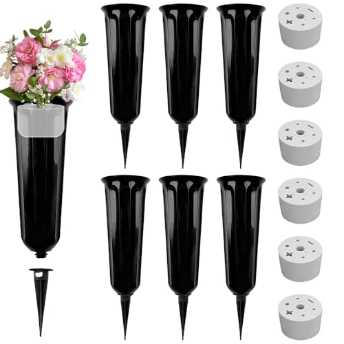 6 jarrones de tumba con estaca, macetas de tumba desmontables, jarrones conmemorativos para tumbas, soportes de plástico con base, adornos de tumba para flores frescas o artificiales, color negro