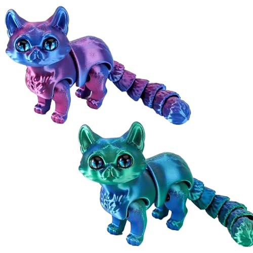 WSDFTQ 2 PCS 3D Printed Cat Figurines, Purple and Green Cat Figures, 3D Printed Animals for Desk Decor, Unique 3D Printed Fidget Toys, Creative Home and Office Decoration
