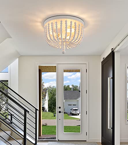 Q&S White Boho Beaded Chandeliers Flush Mount Ceiling Light,3-Lights Small Chandelier Light Fixture for Bedroom,Kitchen,Dining Room,Living Room,Stairway Gazebo - Image 5