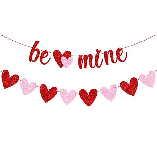 Image of Festiko Kid Red Glittery Be Mine Banner and Red Pink Glittery Hearts Banner Valentine's Day Banner Garland Valentines Day Party Decorations for Valentines Wedding Anniversary Engagement Party Supplies