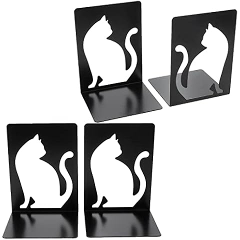 HZSOOCH 2 Pairs Bookends Heavy Duty, Decorative Metal Book End Holder, Book Ends for Shelves, Anti Slip Book Stopper for for Home Office Library School (Black, White Cat Style) Cover