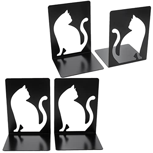 HZSOOCH 2 Pairs Bookends Heavy Duty, Decorative Metal Book Ends, Book Ends for Shelves, Anti Slip Book Stopper for Office Library School Home (Black, White Cat Style)