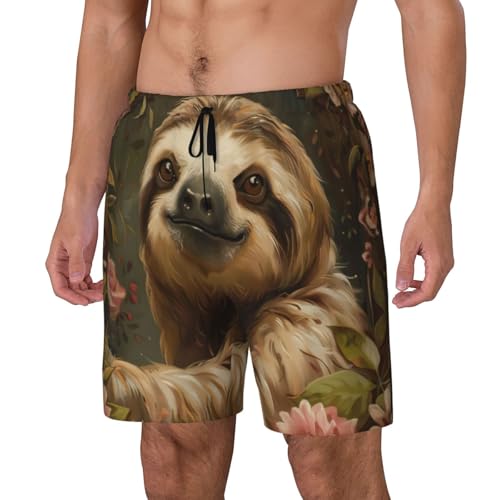 Cute Sloth Mens Double Polyester Swimsuit Trunks Swim Shorts with Compression Liner and Patch Pocket.2