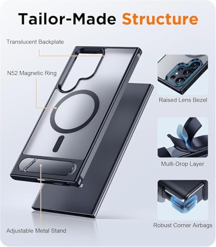 Image of DIZORO Magnetic Cover Compatible for Samsung S24 Ultra 5g Case with Adjustable Metal Kickstand, Compatible with Mag-Safe Translucent Matte Shockproof Protective Phone Case, Black