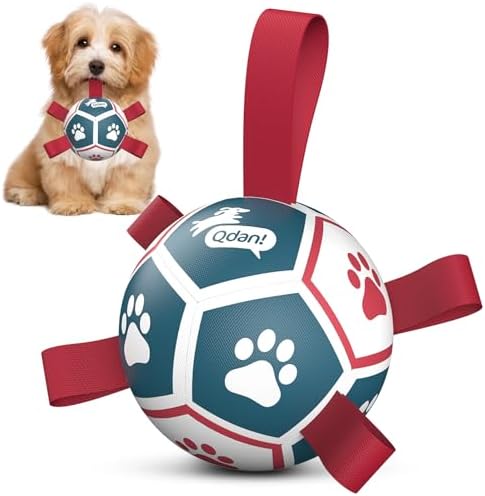 QDAN Small Dog Toys, Outdoor Indoor Toys to Keep Them Busy, Soccer Ball with Straps, Puppy Birthday Gifts, Dog Water Toy, Durable Puppy Balls(5 Inch)