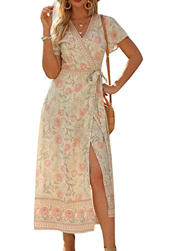 Image of R.Vivimos Women's Summer Short Sleeve Floral Print Bohemian Beach Waist Tie Wrap Long Flowy Dress with Slit