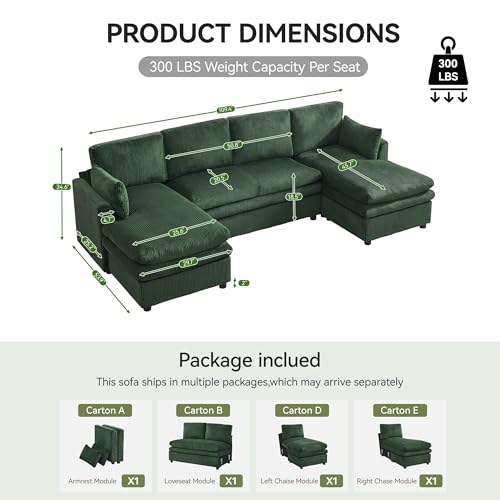 Image of 110 inch Sectional Couches with Double Chaises, Comfy Deep Dual-Layer Cushion Couch, 6 Seater U Shaped Couch, Modern Modular Sofa, Corduroy Sofas for Living Room, Apartment, Green