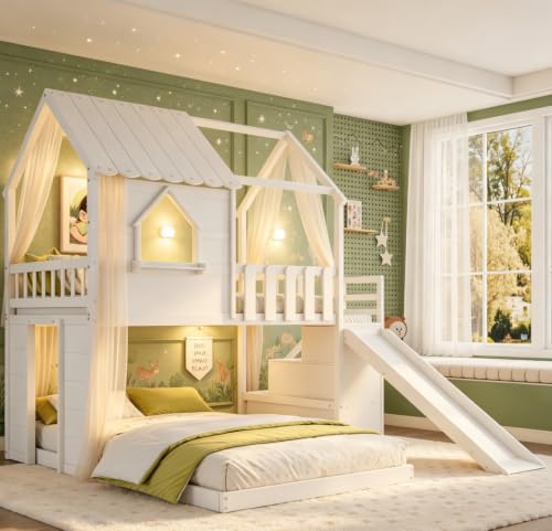Image of Bellemave Bunk beds Twin Over Full with Slide,Storage Staircase,House roof Design,Low bunk /loft Bed for Kids，White