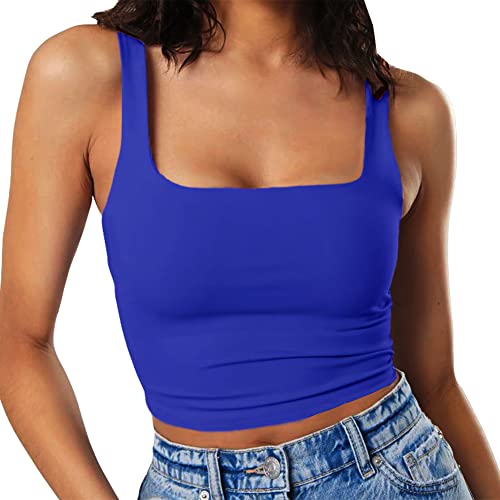 Artfish Womens Sleeveless Strappy Seamless Crop Tank Tops Square Neck Workout Fitness Basic Cropped Camis (Royal Blue L)