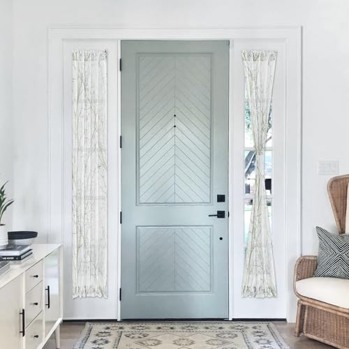Image of FMFUNCTEX Sidelight Sheer French Door Curtains 72 Inches Long White, Green and Grey Print Branch Semi-Sheer Door Panels for Front Patio Door 24 Inches Wide 2 Panels Set