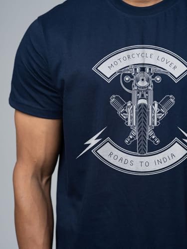 Image of T-Shirt for Men - 100% Cotton Ladakh Motorcycle Rider Half Sleeve Round Neck Graphic Print | Regular & Oversized Fit | 180 /220 GSM | S-5XL | Black, Navy Blue, Olive, Red, White
