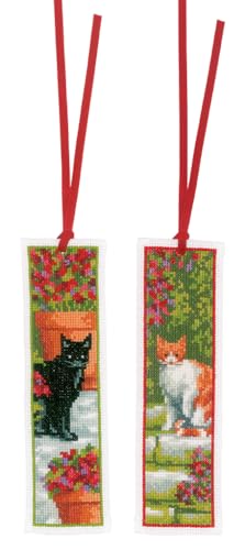 Image of Vervaco Cross Stitch Embroidery Kit for Adults, Cross Stitch Set Pre-printed with Embroidery Design on 100% Cotton Fabric, Embroidery Templates 2,4 x 8 Inches - 6 x 20 cm, Set of 2, Bookmark Kit, Cats