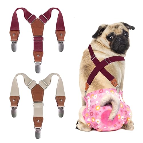 Image of Pet Soft Dog Suspenders 2 Pieces Female Dog Diaper Suspenders for Dogs Diaper Keeper Suspender for Dogs Skirt, Doggy Dress (Brown & Burgundy, XS /S)