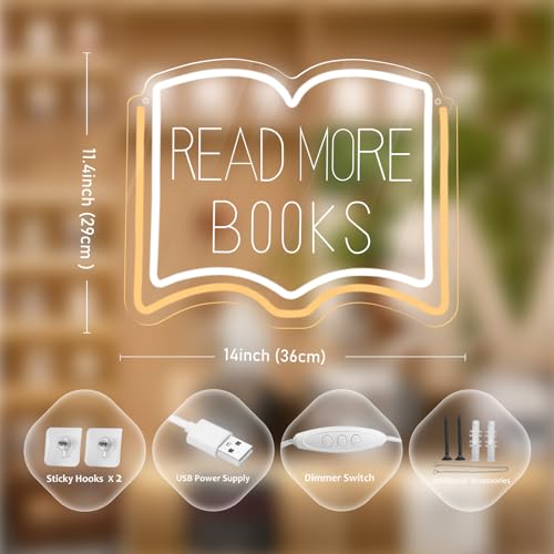 Image of Read More Books Neon Sign, Dimmable LED Reading Neon Light USB Powered for Library Classroom Bookstore Decor, Reading Room Wall Sign for Study Room Bookshelf, Book Lover Gift (Warm White)