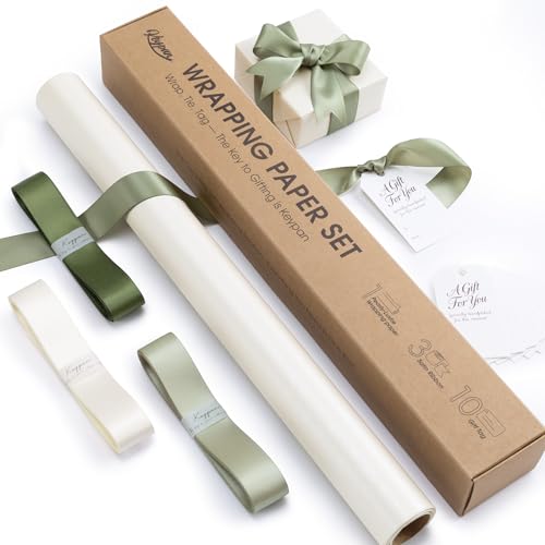 Keypan Wrapping Paper Roll Ivory White 17 x 197 (16.4 Ft) Gift Wrap Set with Ribbon & Tags for Wedding Bridal Shower Baby Shower Birthday Christmas