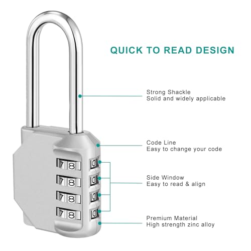 Image of Combination Padlock, 4 Digit Lock Set, Long Shackle Lock, Re-settable Combo Lock, School Locker, Employee Locker for Outdoor, Fence, Gate, Hasp and Storage | 2.62 inch Shackle Height, 4 Digit Resettable Combination Lock for Outdoor Shed, Fence Gate, Coded Padlock for Locker