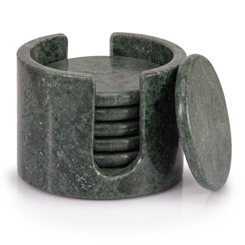EHC Round Marble Coaster Set of 6 with Holder, Drink Coasters with Anti-Slip Pads, Coasters for Cups, Mugs & Glasses, Green