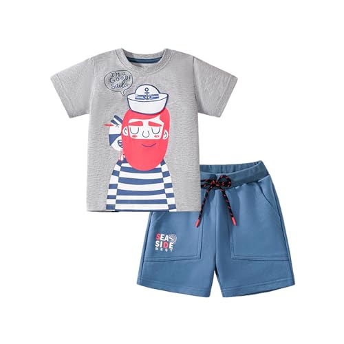 Image of HILEELANG Toddler Boy Summer Short Clothes Sets Cotton Crewneck Tees Shorts Pocket Adjustable Knite Shorts Playwear Sets
