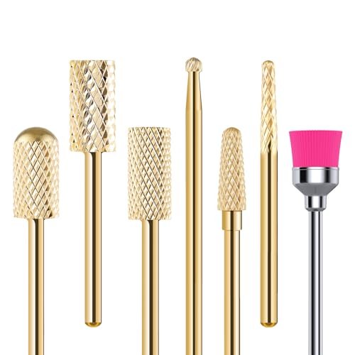 MelodySusie Nail Drill Bits Set, 7pcs Tungsten Carbide Nail Bits for Nail Drill E-file, 3/32 inch Bits Manicure Pedicure Remover Tools for Acrylic Gel Nails, Salon Home Nail Care Supplies, Gold