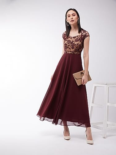 Image of Miss Chase Women's Round Neck Cap Sleeves Lace Knee -Long Skater Dress