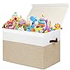Large Toy Storage Box with Lid, Sturdy Toys Storage Chest Bin Organizer Basket with Dividers for Kids, Boys, Girls, Nursery, Closet, Bedroom, Playroom 25″x13″ x16″ (Beige and White)