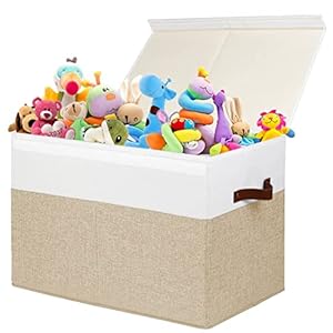 Large Toy Storage Box with Lid, Sturdy Toys Storage Chest Bin Organizer Basket with Dividers for Kids, Boys, Girls, Nursery, Closet, Bedroom, Playroom 25″x13″ x16″ (Beige and White)